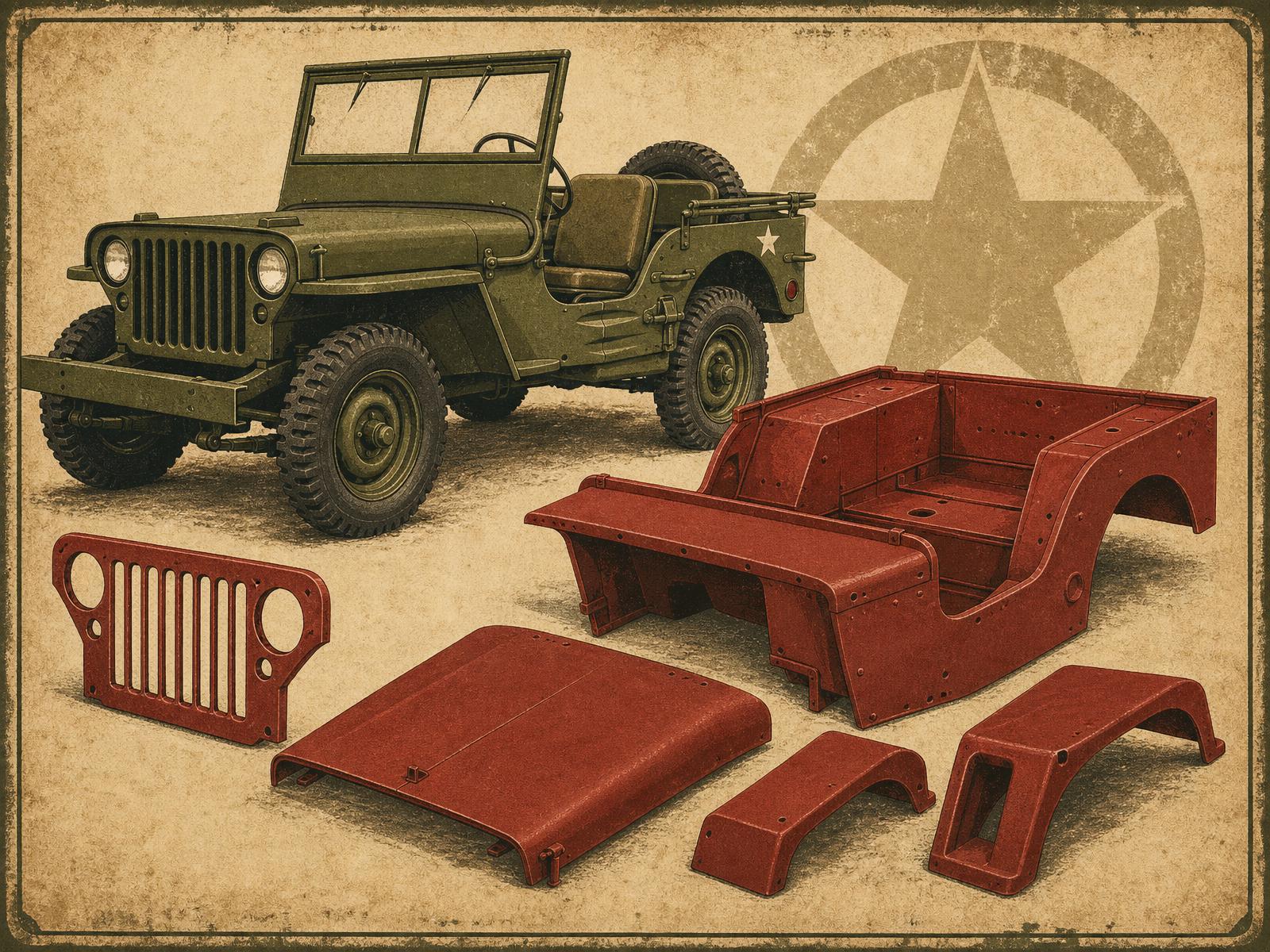 Jeep militar Willys restaurado junto a carrocería, parrilla, capot y guardabarros de repuesto en primer rojo óxido